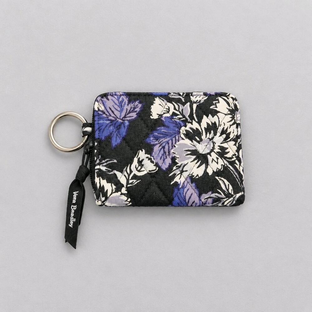 Vera Bradley Zip ID Case Floral Wallet RFID Black Purple Cotton
